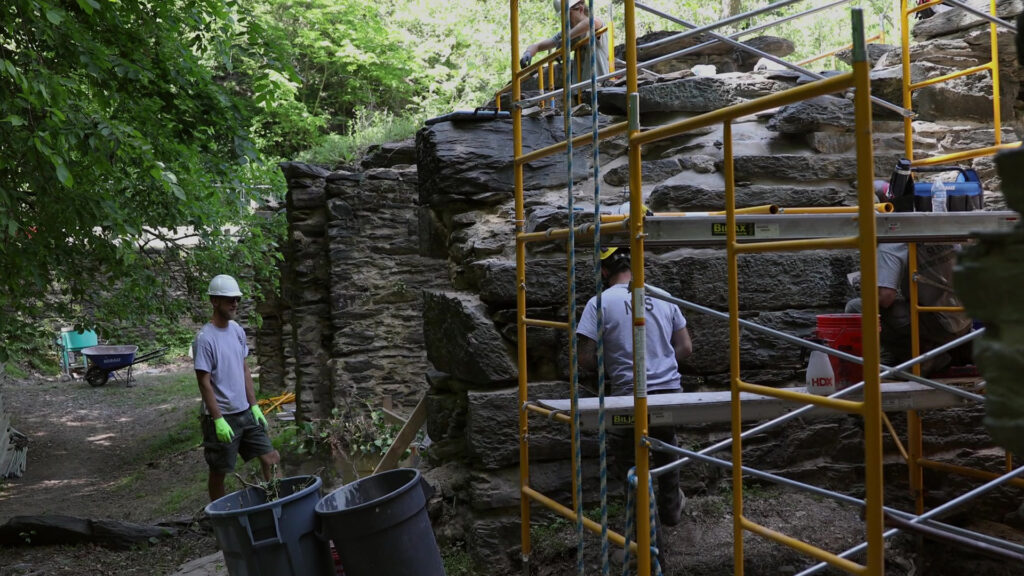 NPS employees skilled in the traditional trades work at the Pulp Mill Ruins in Harpers Ferry, WV