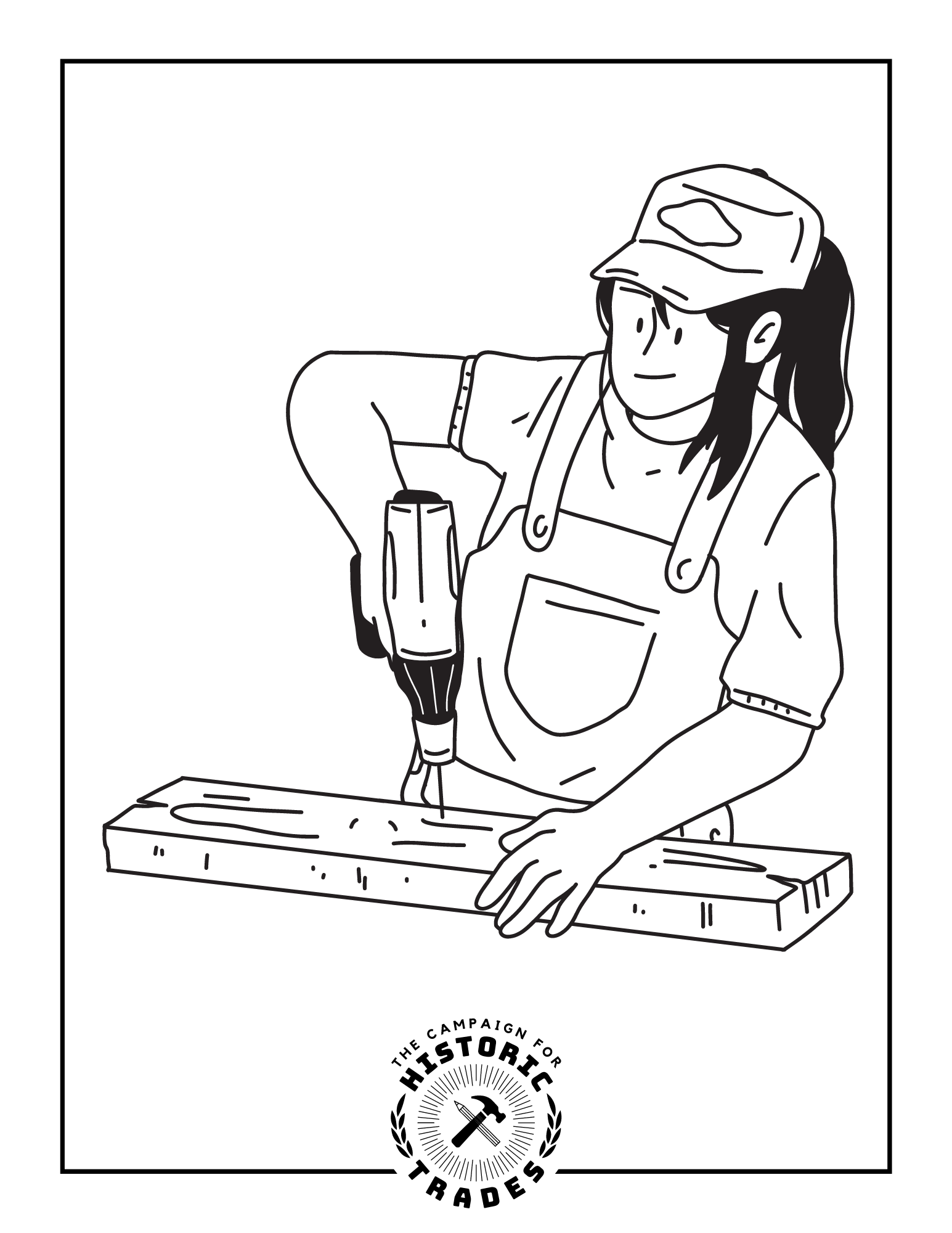 Black and white illustration of a person in overalls drilling into a plank of wood.