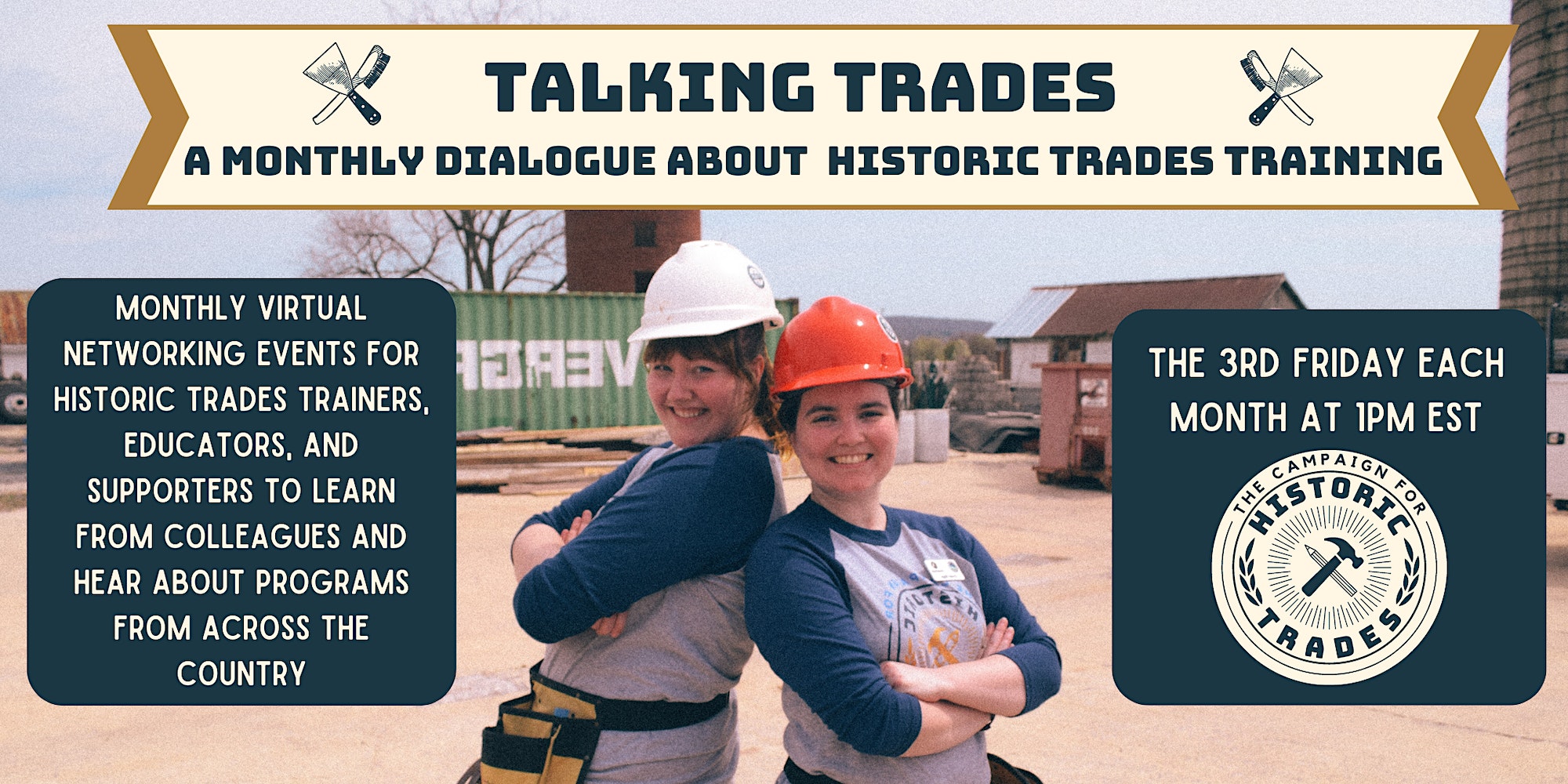 Talking Trades advertisement featuring two tradespeople in hardhats posing back-to-back.