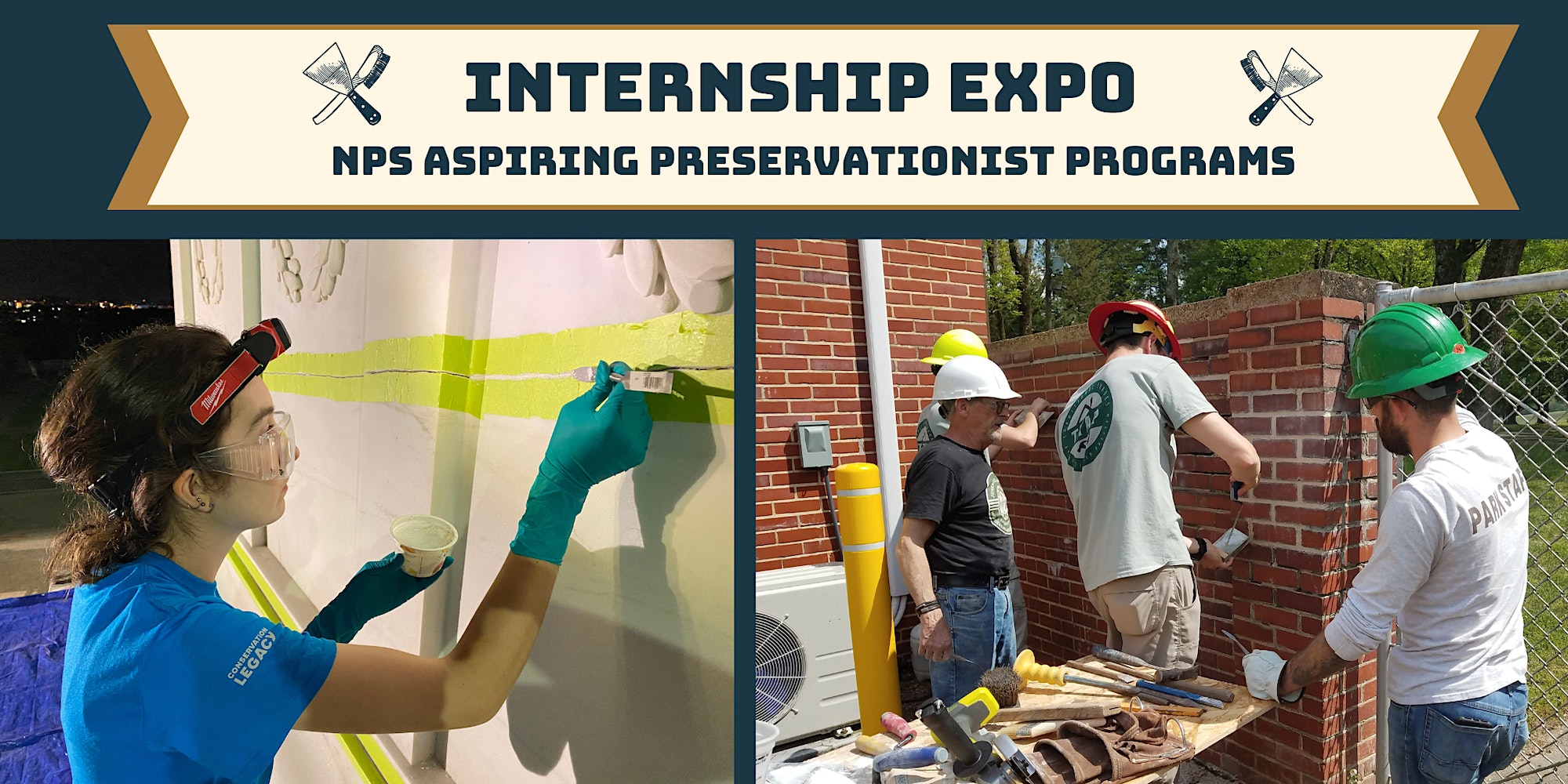 NPS Internship Expo advertisement featuring 4 masons in action.